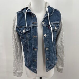 Levi's Blue Jean Jacket with Gray Sweatshirt Sleeves and Hood
